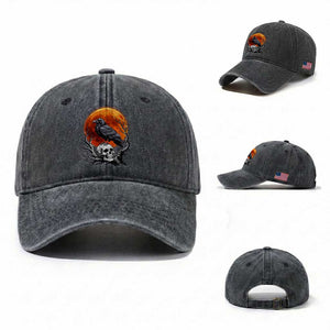 Gothic Raven on Skull Blood Moon Washed Cotton Baseball Cap Spooky Halloween Macabre Dark Art Graphic TS02 Washed Cap Universal Fit Dark Gray Print Your Wear
