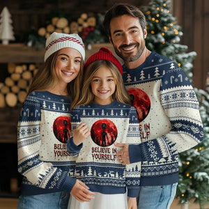 Creepy Alien Believe In Yourself Ugly Christmas Sweater Funny Blood Moon Sci-Fi Horror Graphic TS02 Beige Navy Print Your Wear