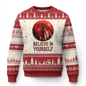 Creepy Alien Believe In Yourself Ugly Christmas Sweater Funny Blood Moon Sci-Fi Horror Graphic TS02 Beige Red Print Your Wear