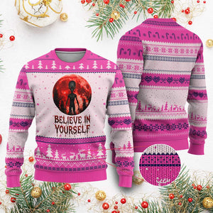Creepy Alien Believe In Yourself Ugly Christmas Sweater Funny Blood Moon Sci-Fi Horror Graphic TS02 Hot Pink Print Your Wear