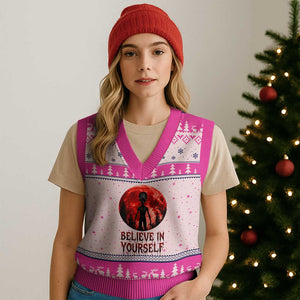 Creepy Alien Believe In Yourself V-Neck Knit Sweater Vest Funny Blood Moon Sci-Fi Horror Graphic TS02 Hot Pink Print Your Wear