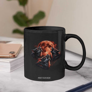 Majestic Three Wolves Howling at Red Blood Moon Graphic Coffee Mug Wild Nature with Celestial Astronomy TS02 Print Your Wear