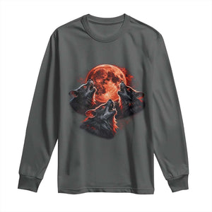 Majestic Three Wolves Howling at Red Blood Moon Graphic Long Sleeve Shirt Wild Nature with Celestial Astronomy TS02 Dark Heather Print Your Wear