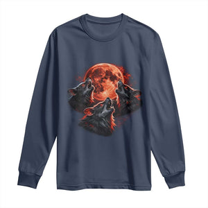 Majestic Three Wolves Howling at Red Blood Moon Graphic Long Sleeve Shirt Wild Nature with Celestial Astronomy TS02 Navy Print Your Wear