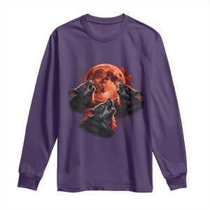 Majestic Three Wolves Howling at Red Blood Moon Graphic Long Sleeve Shirt Wild Nature with Celestial Astronomy TS02 Purple Print Your Wear