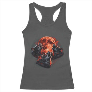 Majestic Three Wolves Howling at Red Blood Moon Graphic Racerback Tank Top Wild Nature with Celestial Astronomy TS02 Dark Heather Print Your Wear