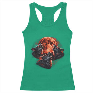 Majestic Three Wolves Howling at Red Blood Moon Graphic Racerback Tank Top Wild Nature with Celestial Astronomy TS02 Irish Green Print Your Wear