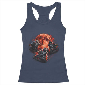 Majestic Three Wolves Howling at Red Blood Moon Graphic Racerback Tank Top Wild Nature with Celestial Astronomy TS02 Navy Print Your Wear