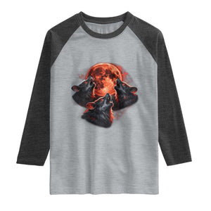 Majestic Three Wolves Howling at Red Blood Moon Graphic Raglan Shirt Wild Nature with Celestial Astronomy TS02 Heather Gray Heather Charcoal Print Your Wear