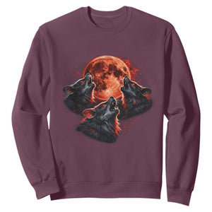 Majestic Three Wolves Howling at Red Blood Moon Graphic Sweatshirt Wild Nature with Celestial Astronomy TS02 Maroon Print Your Wear