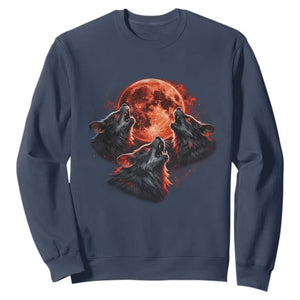 Majestic Three Wolves Howling at Red Blood Moon Graphic Sweatshirt Wild Nature with Celestial Astronomy TS02 Navy Print Your Wear
