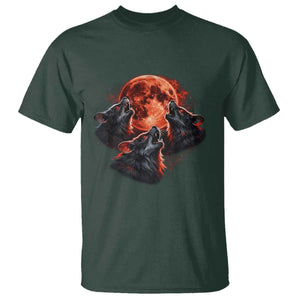 Majestic Three Wolves Howling at Red Blood Moon Graphic T Shirt Wild Nature with Celestial Astronomy TS02 Dark Forest Green Print Your Wear