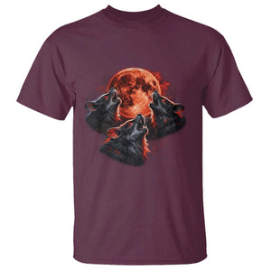 Majestic Three Wolves Howling at Red Blood Moon Graphic T Shirt Wild Nature with Celestial Astronomy TS02 Maroon Print Your Wear