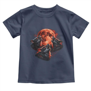 Majestic Three Wolves Howling at Red Blood Moon Graphic Toddler T Shirt Wild Nature with Celestial Astronomy TS02 Navy Print Your Wear