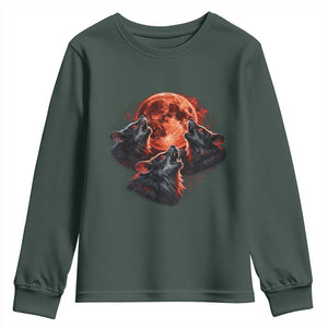 Majestic Three Wolves Howling at Red Blood Moon Graphic Youth Sweatshirt Wild Nature with Celestial Astronomy TS02 Dark Forest Green Print Your Wear