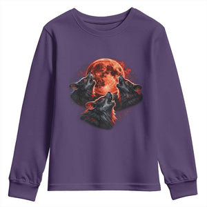 Majestic Three Wolves Howling at Red Blood Moon Graphic Youth Sweatshirt Wild Nature with Celestial Astronomy TS02 Purple Print Your Wear