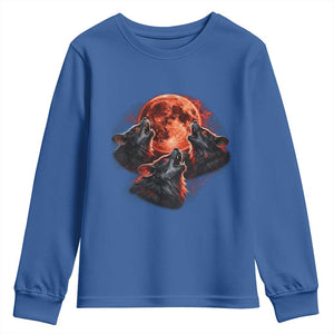 Majestic Three Wolves Howling at Red Blood Moon Graphic Youth Sweatshirt Wild Nature with Celestial Astronomy TS02 Royal Blue Print Your Wear