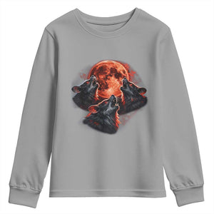 Majestic Three Wolves Howling at Red Blood Moon Graphic Youth Sweatshirt Wild Nature with Celestial Astronomy TS02 Sport Gray Print Your Wear