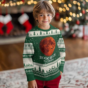 Blood Moon Is Coming Spooky Halloween Ugly Christmas Sweater Flying Bats Gothic Dark Horror Graphic TS02 Forest Green Beige Print Your Wear