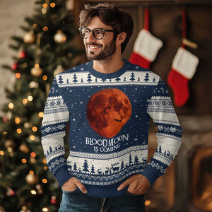 Blood Moon Is Coming Spooky Halloween Ugly Christmas Sweater Flying Bats Gothic Dark Horror Graphic TS02 Navy Beige Print Your Wear