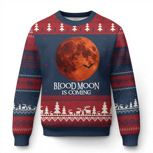 Blood Moon Is Coming Spooky Halloween Ugly Christmas Sweater Flying Bats Gothic Dark Horror Graphic TS02 Navy Red Print Your Wear
