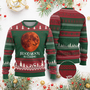 Blood Moon Is Coming Spooky Halloween Ugly Christmas Sweater Flying Bats Gothic Dark Horror Graphic TS02 Red Green Print Your Wear