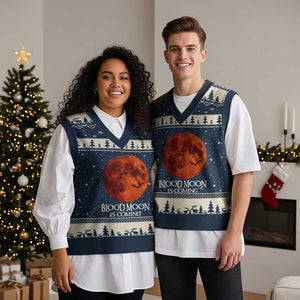 Blood Moon Is Coming Spooky Halloween V-Neck Knit Sweater Vest Flying Bats Gothic Dark Horror Graphic TS02 Navy Beige Print Your Wear