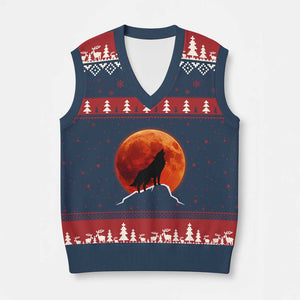 Howling Wolf Crimson Blood Moon V-Neck Knit Sweater Vest Mountain Wildlife Nature Graphic TS02 Navy Red Print Your Wear