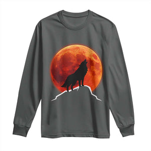 Howling Wolf Crimson Blood Moon Long Sleeve Shirt Mountain Wildlife Nature Graphic TS02 Dark Heather Print Your Wear