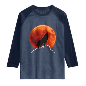 Howling Wolf Crimson Blood Moon Raglan Shirt Mountain Wildlife Nature Graphic TS02 Heather Denim Navy Print Your Wear