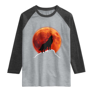 Howling Wolf Crimson Blood Moon Raglan Shirt Mountain Wildlife Nature Graphic TS02 Heather Gray Heather Charcoal Print Your Wear