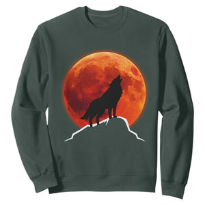Howling Wolf Crimson Blood Moon Sweatshirt Mountain Wildlife Nature Graphic TS02 Dark Forest Green Print Your Wear