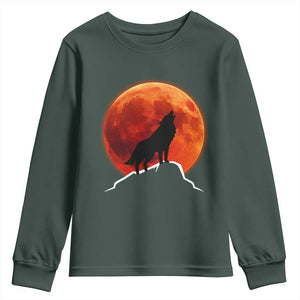 Howling Wolf Crimson Blood Moon Youth Sweatshirt Mountain Wildlife Nature Graphic TS02 Dark Forest Green Print Your Wear