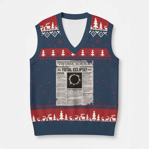 Retro Vintage Science Magazine Total Solar Eclipse 2024 V-Neck Knit Sweater Vest Historic Totality Astronomy Geek Memorabilia TS02 Navy Red Print Your Wear