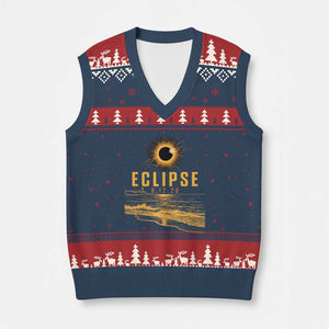 Total Solar Eclipse August 12 2026 Celestial Totality V-Neck Knit Sweater Vest Ocean Beach View Astronomy Souvenir TS02 Navy Red Print Your Wear