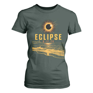 Total Solar Eclipse August 12 2026 Celestial Totality T Shirt For Women Ocean Beach View Astronomy Souvenir TS02 Dark Forest Green Print Your Wear