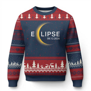 Minimalist 2026 Total Solar Eclipse Ugly Christmas Sweater August 12 Totality Astronomy Souvenir TS02 Navy Red Print Your Wear