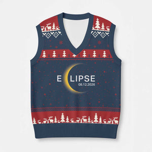 Minimalist 2026 Total Solar Eclipse V-Neck Knit Sweater Vest August 12 Totality Astronomy Souvenir TS02 Navy Red Print Your Wear