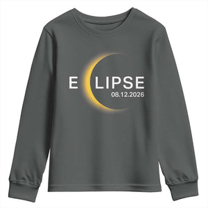 Minimalist 2026 Total Solar Eclipse Youth Sweatshirt August 12 Totality Astronomy Souvenir TS02 Dark Heather Print Your Wear