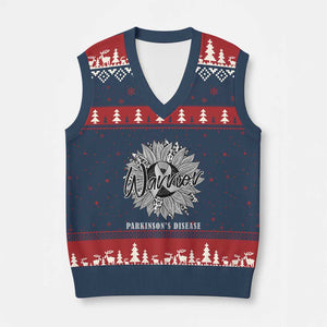 Parkinson's Warrior V-Neck Knit Sweater Vest Silver Ribbon Sunflower Support Awareness TS02 Navy Red Print Your Wear