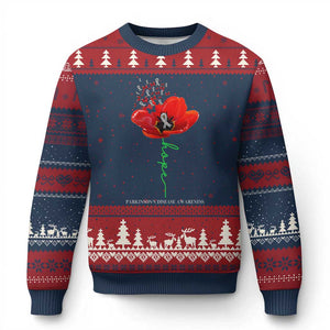 Parkinson's Awareness Ugly Christmas Sweater Faith Hope Tulips Support Parkinsons Warrior TS02 Navy Red Print Your Wear