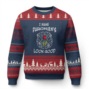 Parkinson's Warrior Ugly Christmas Sweater I Make Parkinsons Look Good Tulip TS02 Navy Red Print Your Wear
