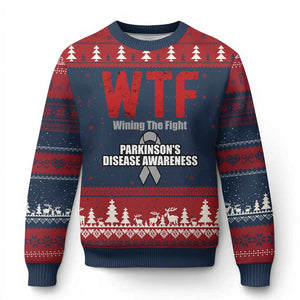Parkinson's Awareness Ugly Christmas Sweater WTF Winning The Fight Gray Ribbon Support Parkinsons Warriror TS02 Navy Red Print Your Wear