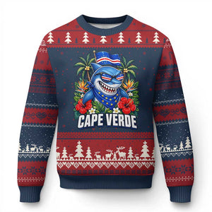 Cape Verde Cool Blue Shark Tropical Graphic Ugly Christmas Sweater Cabo Verde Paradise Verdean Soccer Football Fans