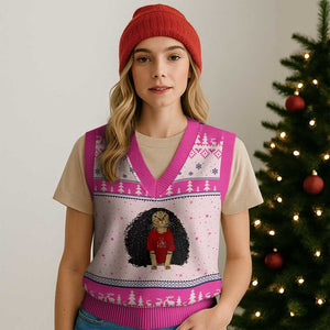 Funny Long Curly Hair Wig Soccer Cat Graphic V-Neck Knit Sweater Vest Spain Espana Sports Fans Meme Spanish Pride
