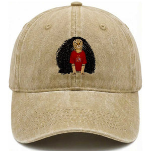 Funny Long Curly Hair Wig Soccer Cat Graphic Washed Cotton Baseball Cap Spain Espana Sports Fans Meme Spanish Pride