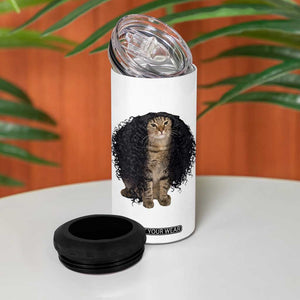 Funny Long Curly Hair Wig Cat Soccer Fans 4 in 1 Can Cooler Tumbler Football Meme Sports Humor