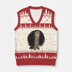 Funny Long Curly Hair Wig Cat Soccer Fans V-Neck Knit Sweater Vest Football Meme Sports Humor