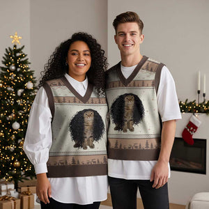 Funny Long Curly Hair Wig Cat Soccer Fans V-Neck Knit Sweater Vest Football Meme Sports Humor