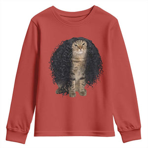 Funny Long Curly Hair Wig Cat Soccer Fans Youth Sweatshirt Football Meme Sports Humor